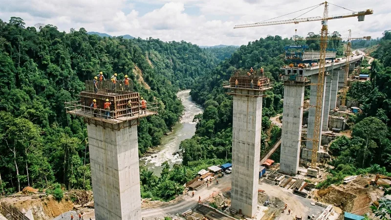Highway viaduct piers under construction above a river gorge in rainforest